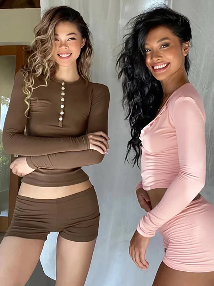 Absobe Solid Buttons Crop Top Shorts Leisure Suit Women Crew Long Sleeve T-shirt Low Rise Short Pants Slim Hottie Y2K Outfit