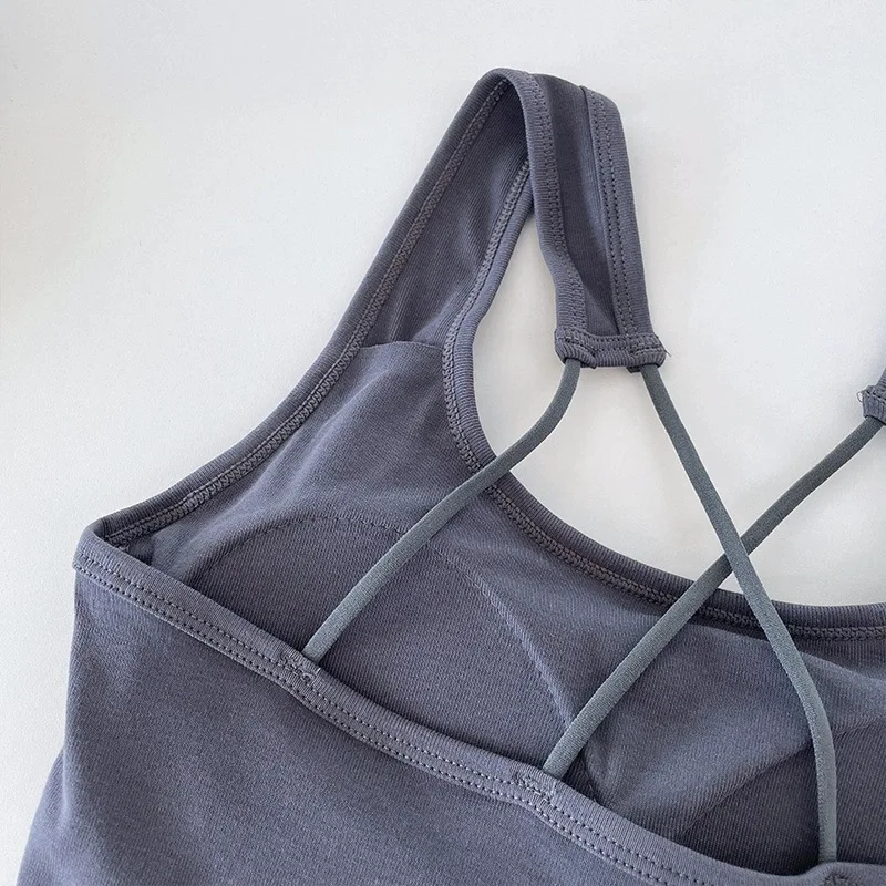 Solid Tank Top for Women Cross-sling Short Vest Sports Tank with Built in Bra One-piece Sleeveless Slim Fashion Crop Top Female