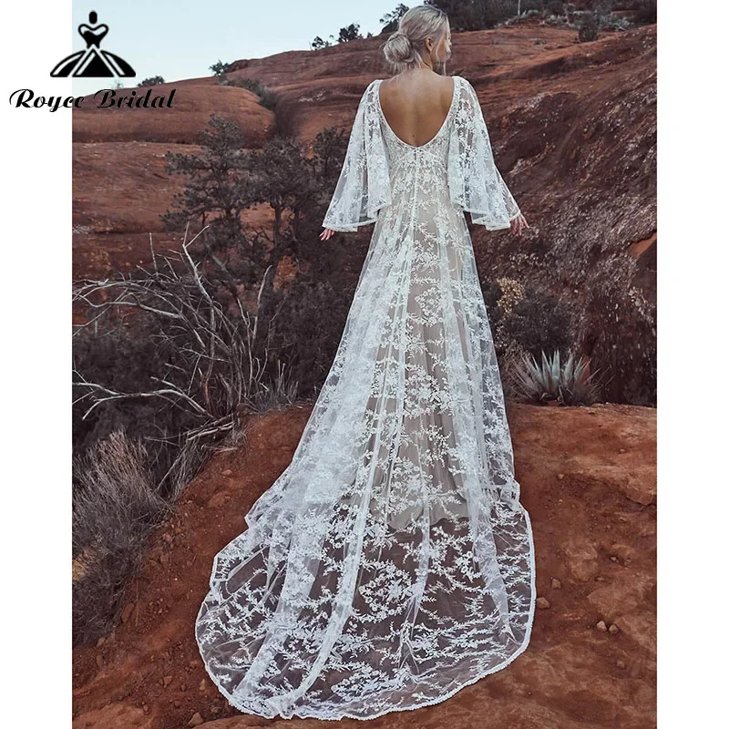 Charming A Line Boho Bohemian Wedding Dresses Lace Appliques V Neck Long Flare Sleeve Backless Bride Gowns robe soirée mariage