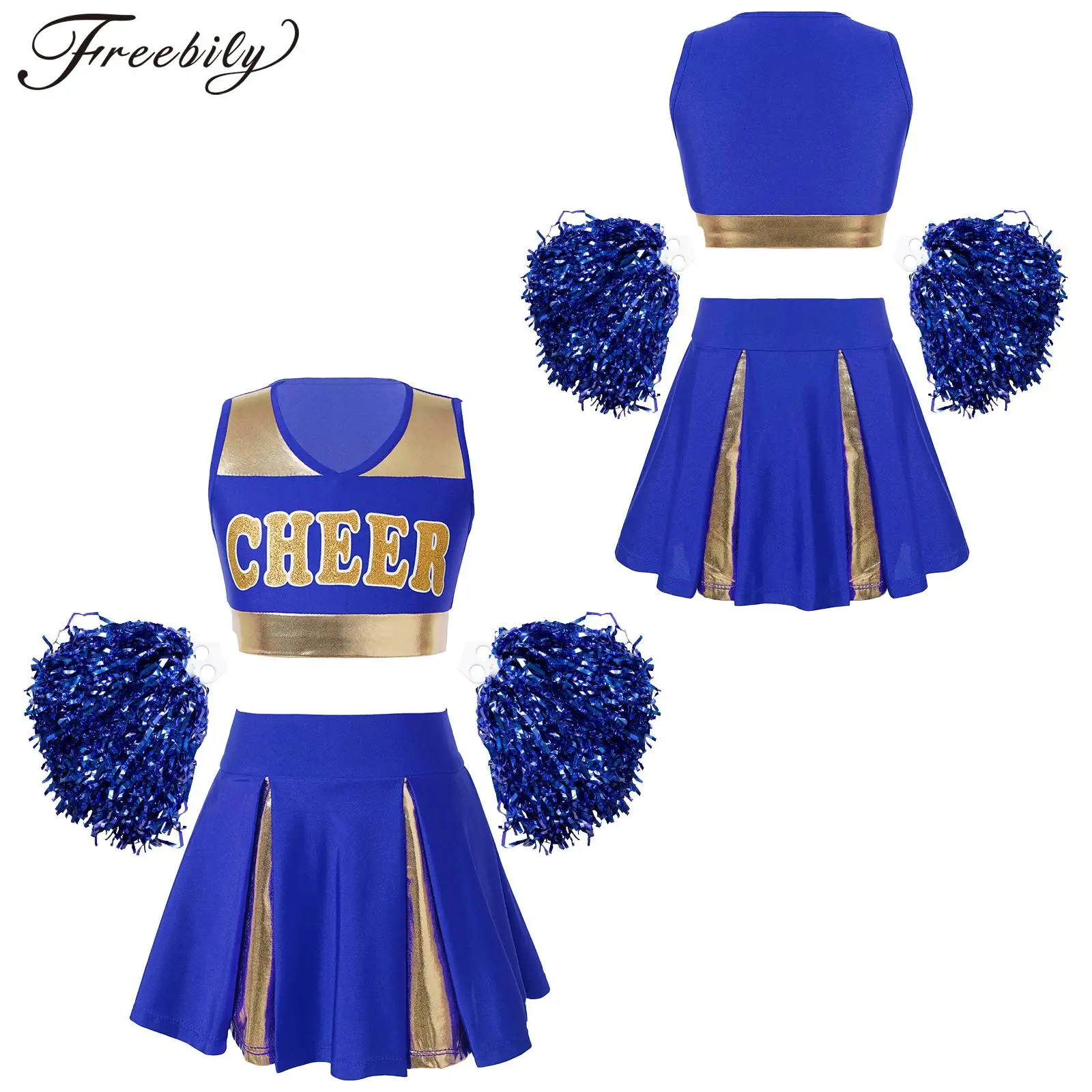 

Kids Girls Cheerleading Costumes Cheer Leader Uniforms Halloween Cosplay Costume Crop Top with Pleated Mini Skirt Flower Balls