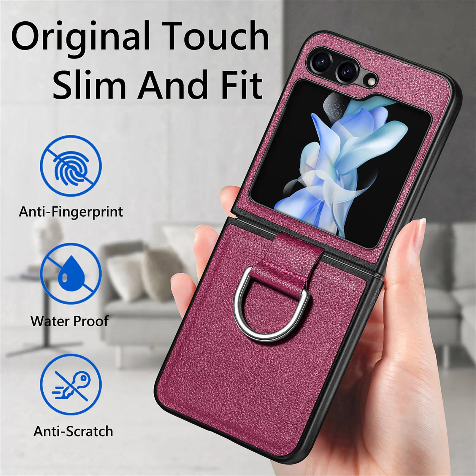 Lychee Pattern Leather Ring Phone Case in Pure Color