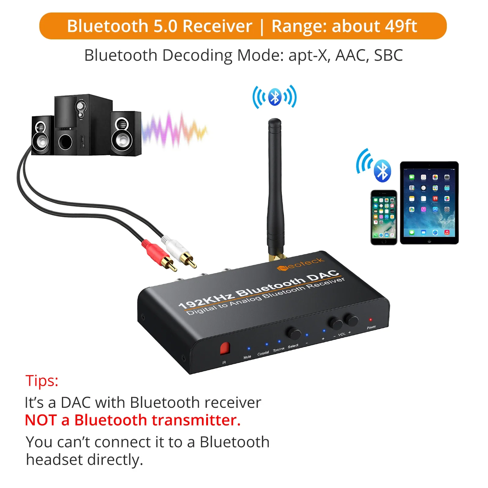 Neoteck 192kHz DAC Converter Built-in Bluetooth V5.0 Receiver Digital Coaxial Toslink to Analog Stereo L/R 3.5mm Audio Converter