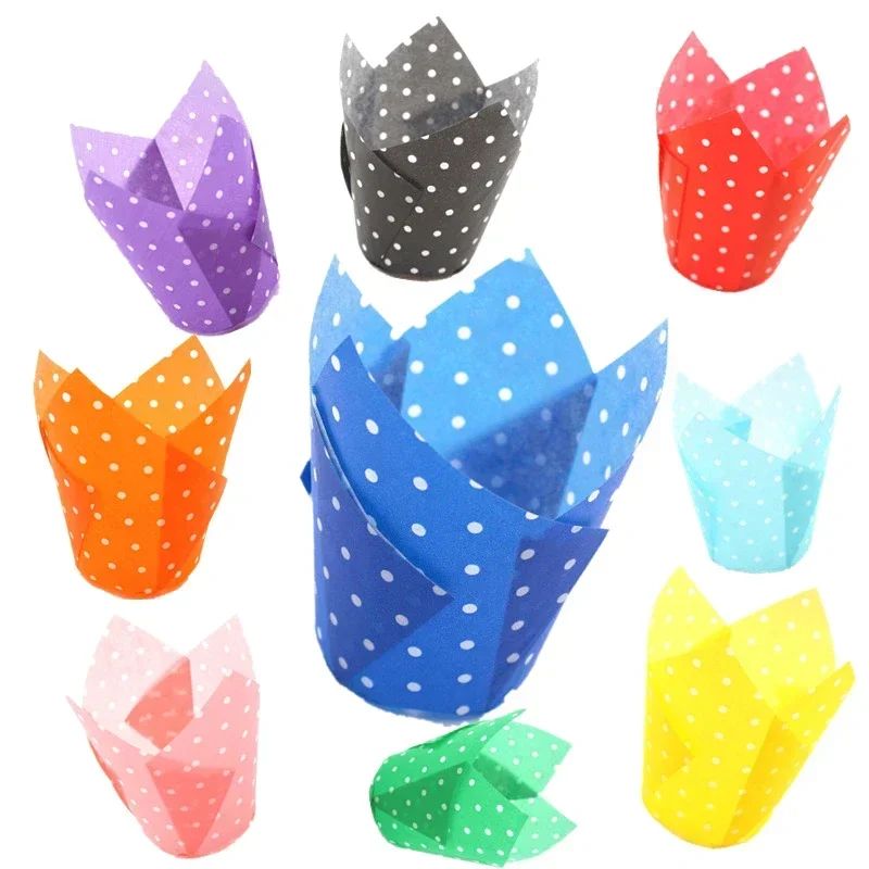 50Pcs Paper Cake Liner Dots Colorful Tulip Muffin Wraps Cases Cupcake Baking Tools Muffin Cup Polka Dot Paper Cup Tray