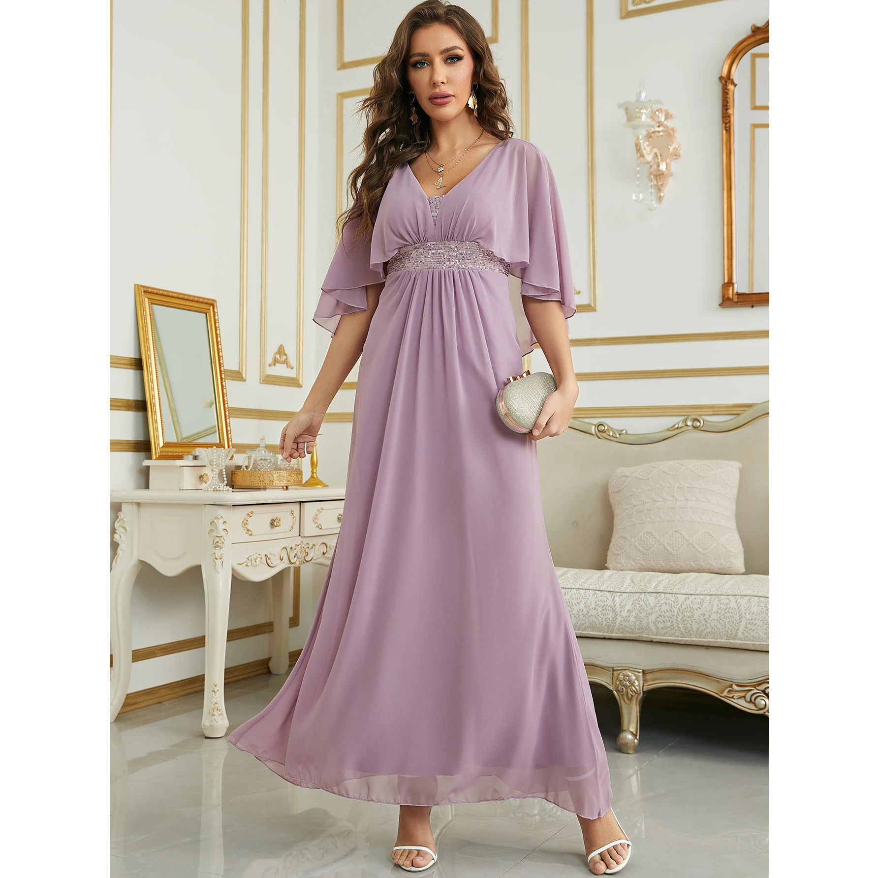 

New Elegant Evening Dresse Long A-LINE V-Neck Deep Ruffles Sleeves Gown 2023 Pretty of Orchid Bridesmaid Women Dress