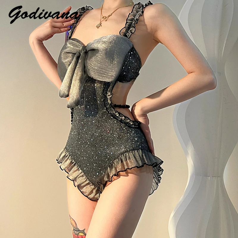 

Girls Bow Flash Midriff Outfit One-Piece Swimsuit Female New Summer Sleeveless Hot Spring Seaside Beach Sexy Swimwear