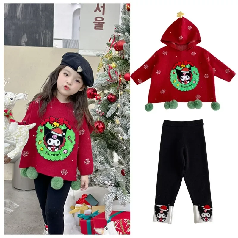 

Sanrioed Kuromi Children Christmas Cloak Knitted Sweater Tight Pants Kawaii Autumn Winter Warm Sweater Set Girls' Clothing Gifts