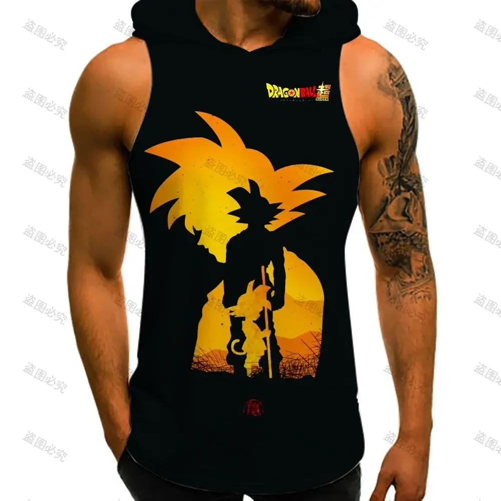 

Goku Men's Vest With Hood Dragon Ball Z Gym Harajuku Summer European Size High Street S-3XL Vegeta Streetwear Sleeveless Vests