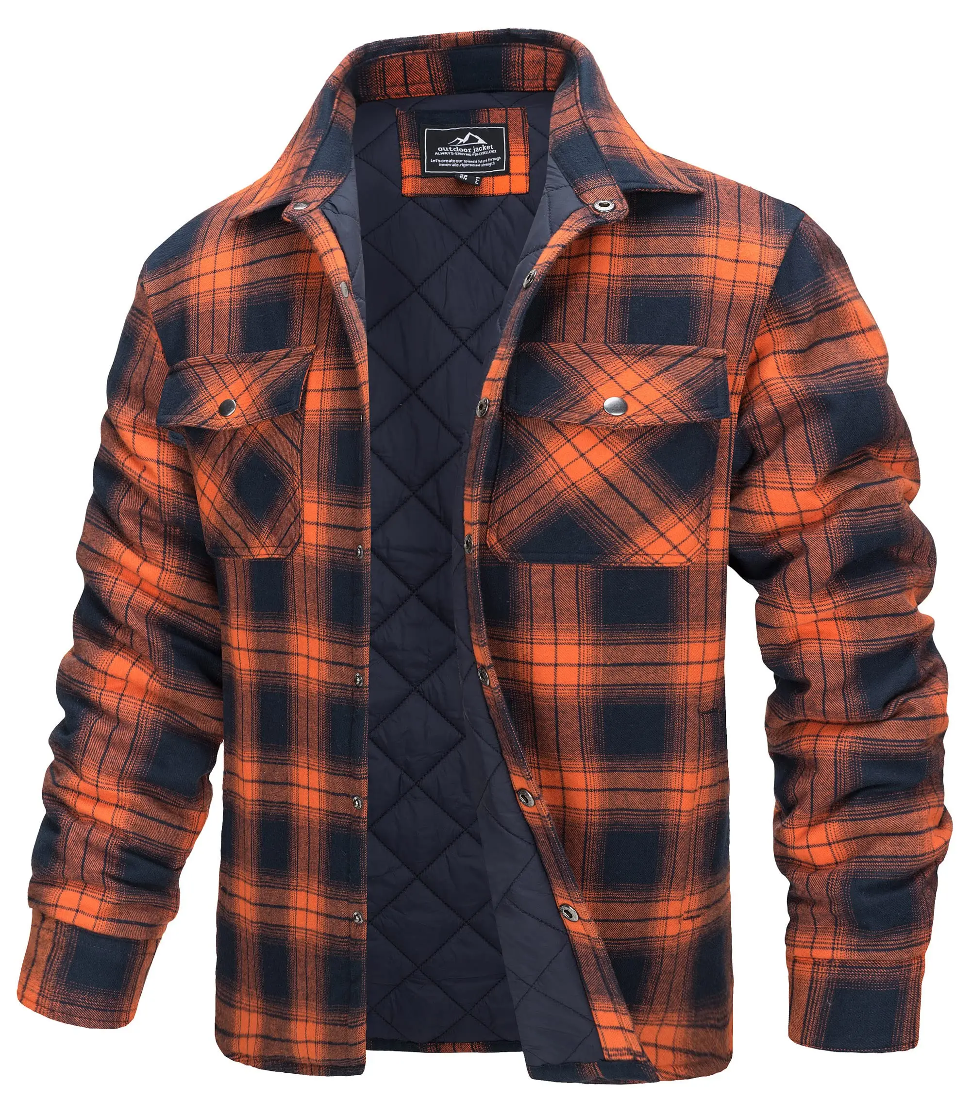 Men's Winter Plaid Quilted Flannel Shirt Jacket with Multi-Pocket Design