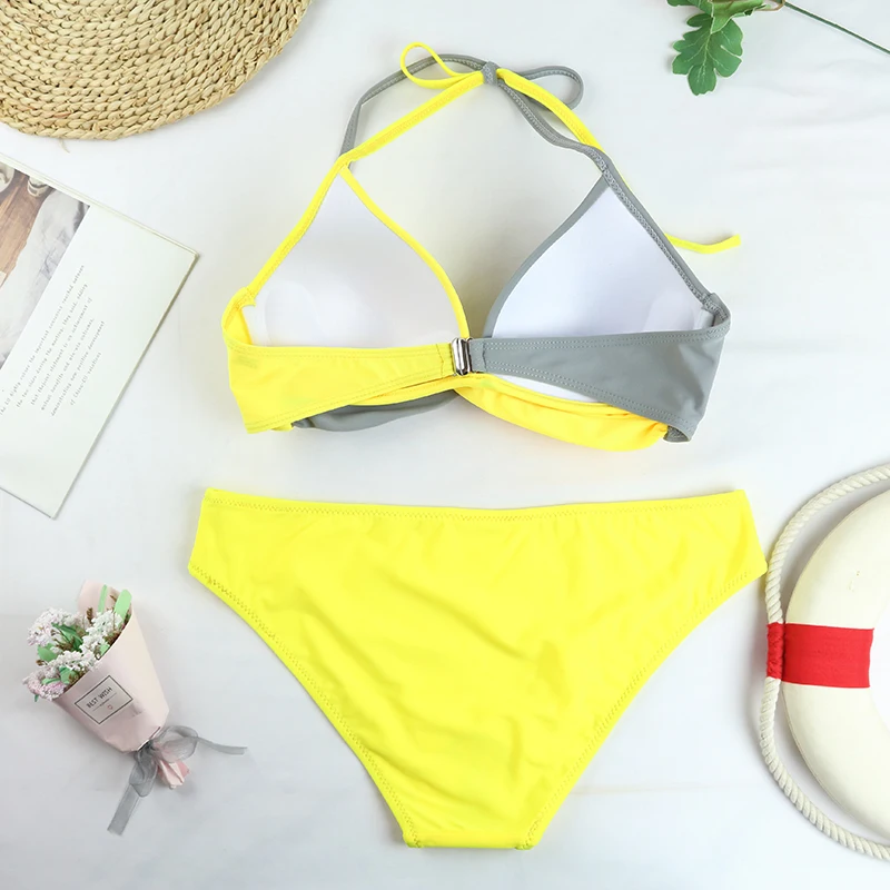 bikini sets for women Sexy Push Up Bikini Set 2022 New Patchwork Swimsuits Ruched Swimwear Women Biquini Strap Yellow Bathing Suit Summer Beachwear two piece bikini set