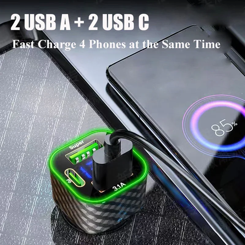 UYUXIO USB C Car Phone Charger Dual PD 4 in 1 with Voltage Display Super Fast Charge Adapter for iPhone Xiaomi Oppo Vivo Samsung 2