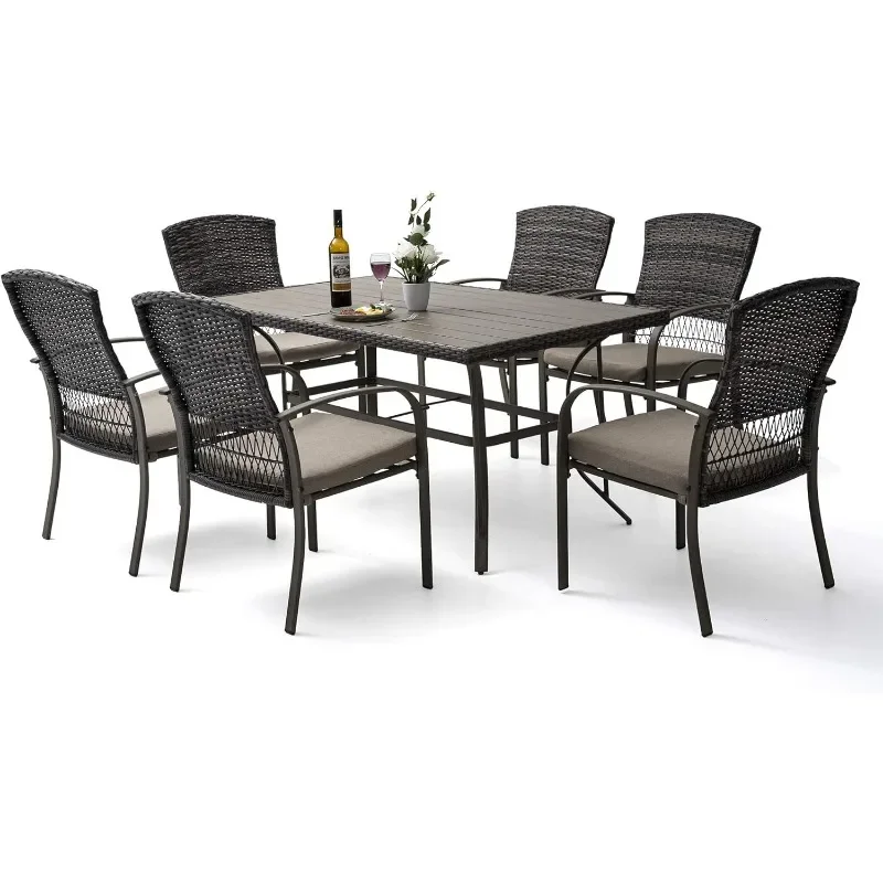 

Patio Dining 7 Piece, Outdoor Wicker Furniture Set for Backyard Garden Deck Poolside/Iron Slats Table Top, Removable Cushions