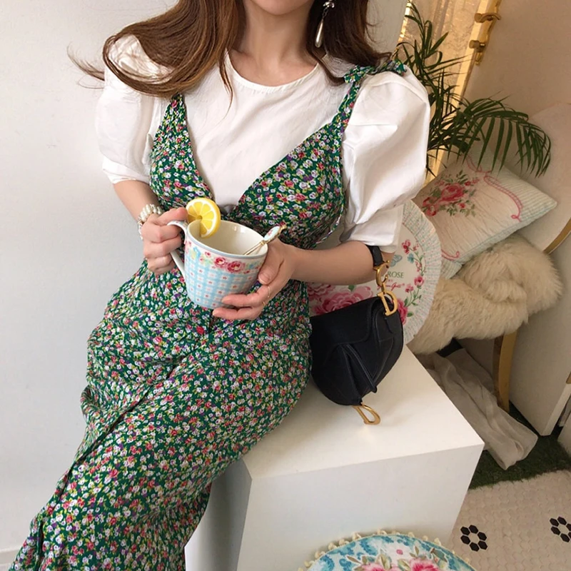

2 Piece Set Women Summer Korean Style Chic O Neck Puff Sleeve Shirt Single Breasted Floral Split Dungaree Dresses Lady Vintage