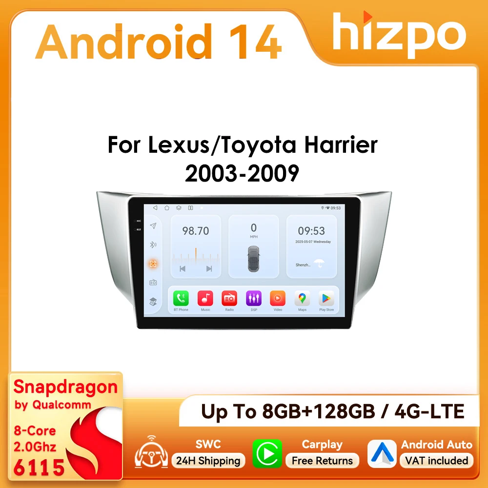 9" Hizpo Android Autoradio für Lexus RX300 RX330 RX350 RX400H II Toyota Harrier 2003 - 2019 RDS DSP GPS CarPlay Snapdragon 6115