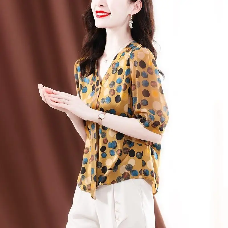

Vintage Printed Polka Dot V-Neck Lace Up Bow Oversized Chiffon Blouse Casual Pullovers Elegant Women's Clothing Commute Shirt