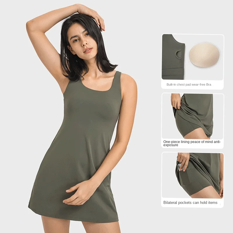 Mermaid Curve Spring Summer New Fake Two-piece Shorts Tennis Skirt High Elastic Belt Chest Pad Sports Running Yoga Clothes