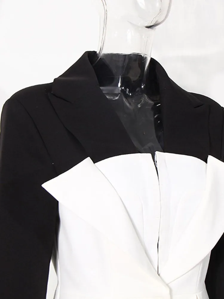 KBQ Hit Color Spliced Button Blazer For Women Notched Collar Long Sleeve Tunic Folds Casual Blazers Female Autumn Fashion New