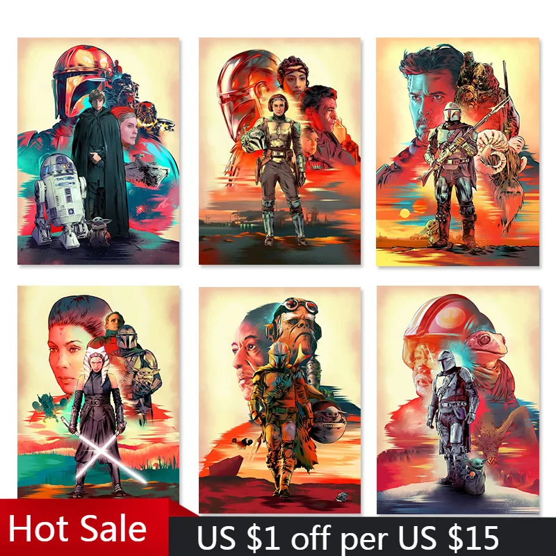 Star Wars Comics Poster Colorati Yoda The Mandaloriano Illustrazione Sunset Canvas Painting Prins Wall Decor Picture For Kid Room