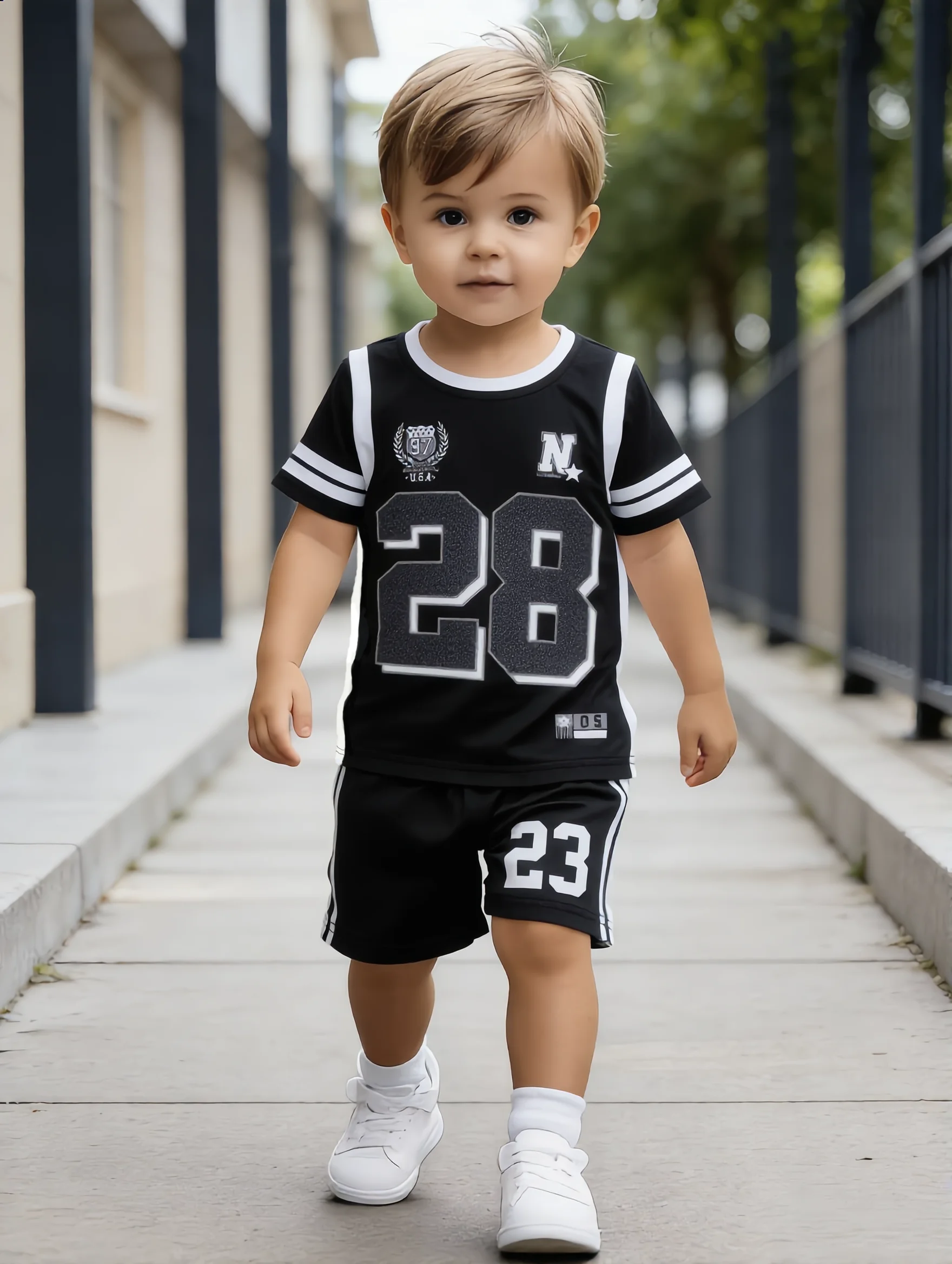 Nummer 28 Kurzarm-Shorts-Set mit Buchstabenaufdruck für Jungen im sportlichen Stil, neu eingetroffen