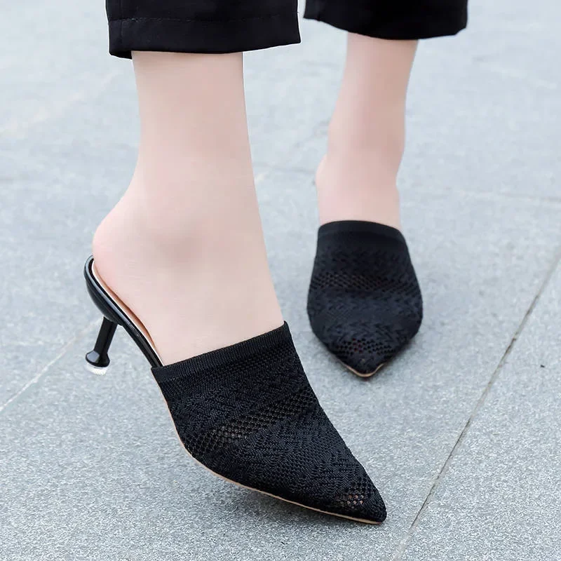 Knit Mesh Breathable Slippers High Heels Mules Women 2022Summer