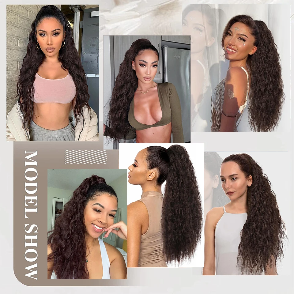 Long Dark Brown Drawstring Ponytail Extension for Women Synthetic Curly Wavy Clip in Ponytail Hair Extensions for Daily Party images - 6