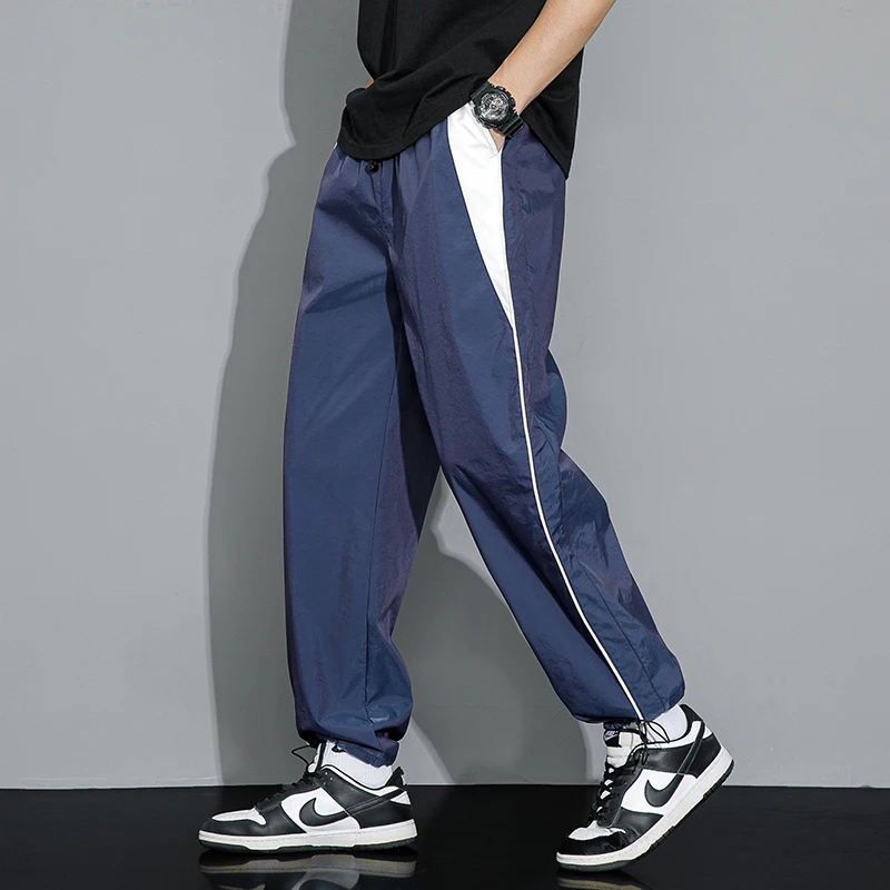 Men's Spring Autumn Contrast Color Pockets High Waisted Elastic Loose Clothing Bloomers Sweatpants Trousers Comfortable Pants