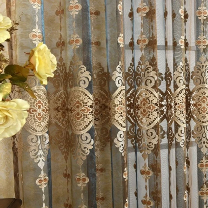 

European Luxury Embroidery Coffee Beige Tulle Sheer Curtains for Living Room Bedroom Dining Thicken Window Decor Custom Thicken