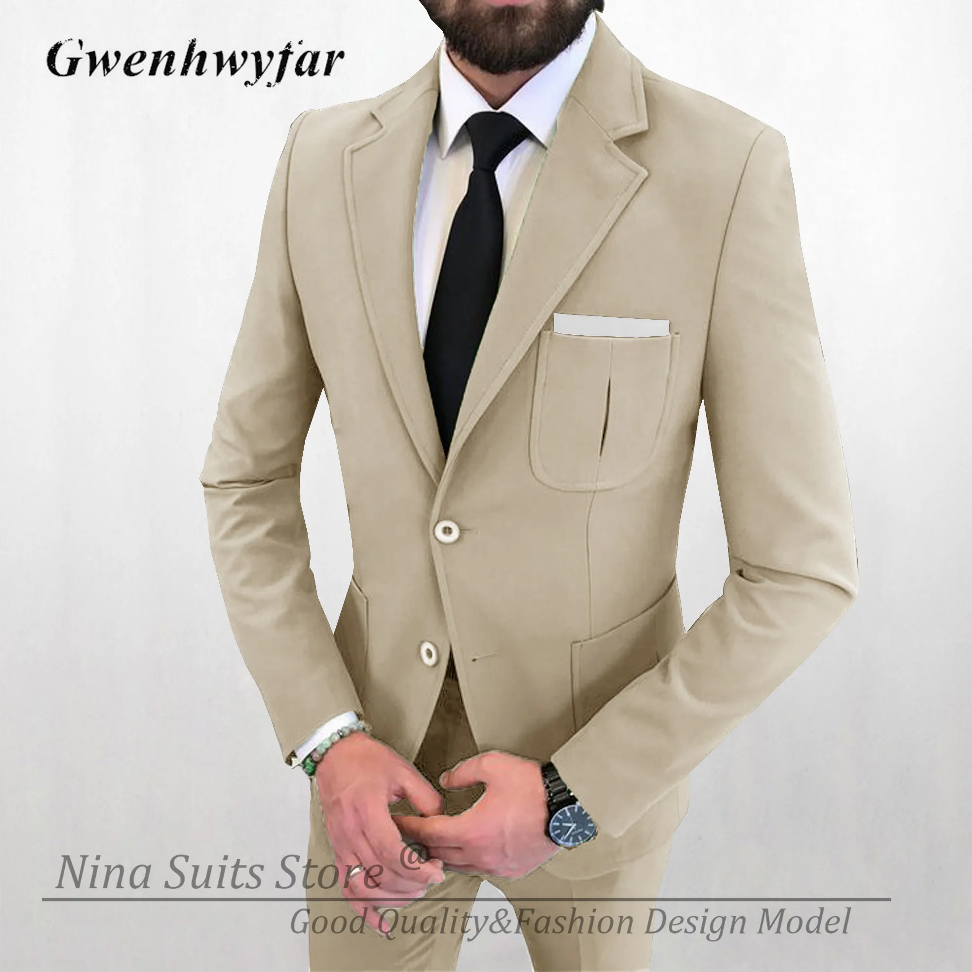G&N Notch Lapel Suits for Men Tailor-made Sky Blue Blazer Pants Groosmen Wedding Tuxedos Blazer With Three Patched Pockets