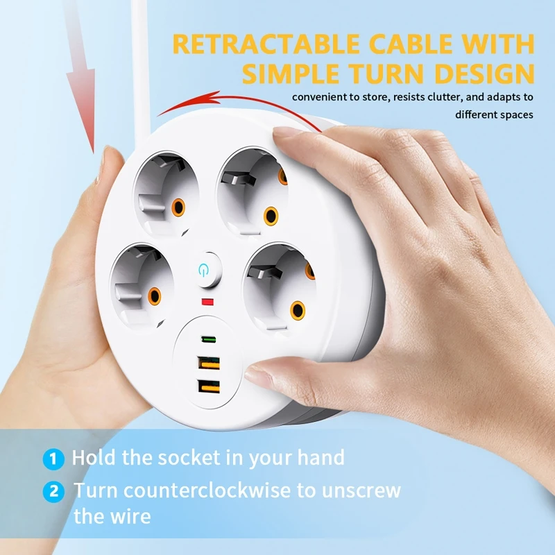 2.8미터 연장선, 4개 AC 콘센트, 2개 USB 포트, 1개 타입 C EU 플러그 충전 스위치가 있는 멀티탭 벽면 소켓 연장기