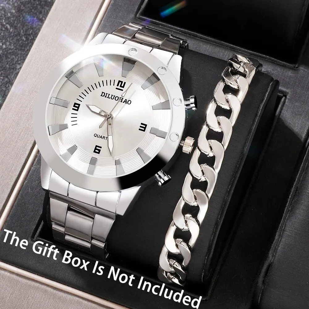 2Pcs Men's Business Leisure Quartz Watch Analog Stainless Steel Wrist Watch & Bracelet, Gift For Men Watch