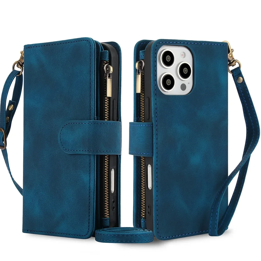 Leather Wallet Phone Case with Wrist Strap and Zipper Purse
