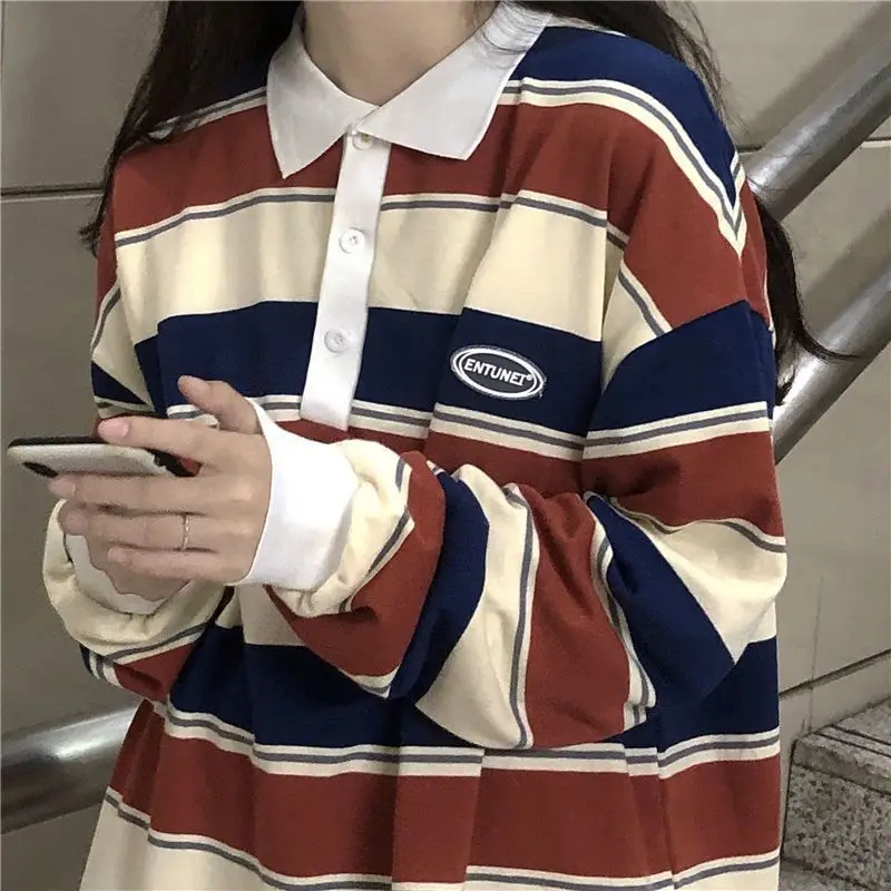 

Y2k Retro Striped Hit Color Sweatshirt Polo Collar Pullover Female Sweatshirt Harajuku Style Ladies Vintage Preppy Sudaderas