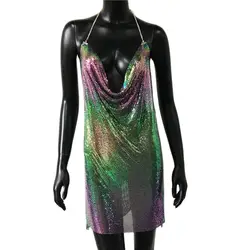 Glamorous Metallic Sequin Backless Mini Dress with Mesh Harness Details - M (Multicolor)