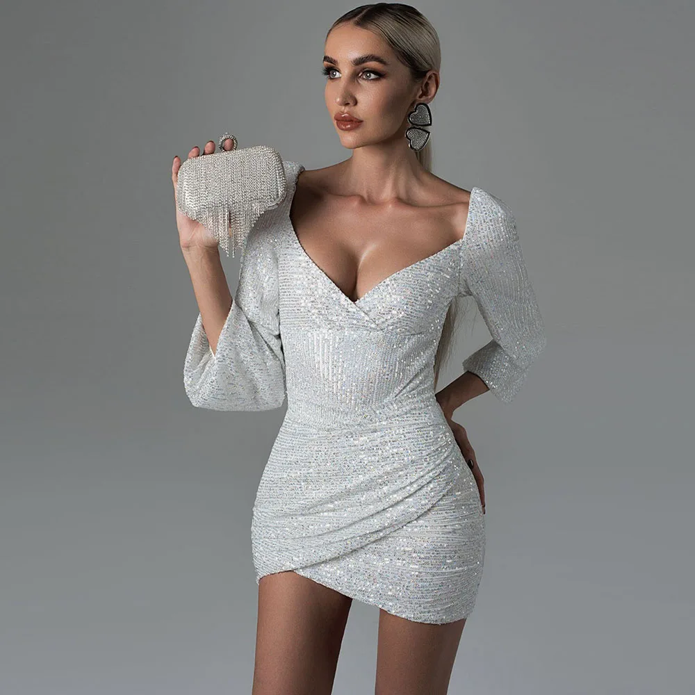 

2024 New Women's Sequin Mid Sleeves Wrapped Hip Dress V-neck Mid Sleeves Sexy Fashion Folded Zipper Sexy Wrapped Hip Short Dress