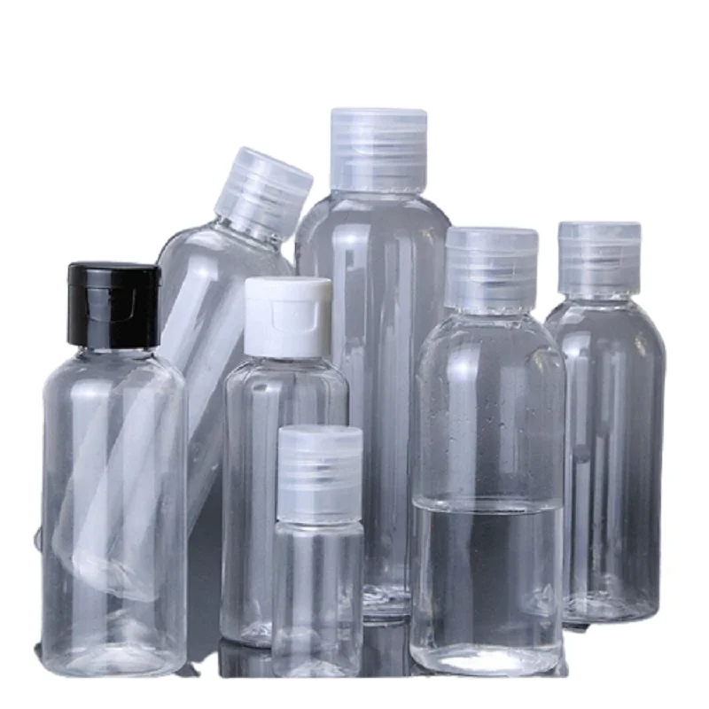 

Transparent Plastic Bottle Clear Black White Filp Lid PET Empty Round Cosmetic Refill Bottles 100ml 120ml 150ml 200ml 250ml