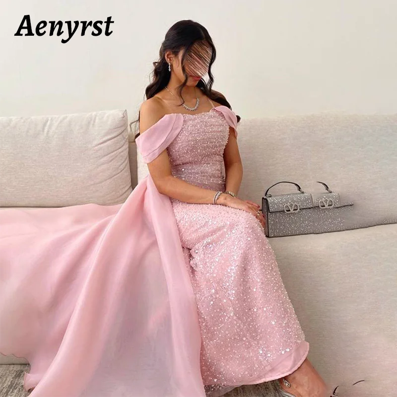 

Aenyrst Pink Sequin Prom Dress Women's Sparkling Off Shoulder Bow Party Evening Gown Ankle Length Organza Special Occasion Gowns