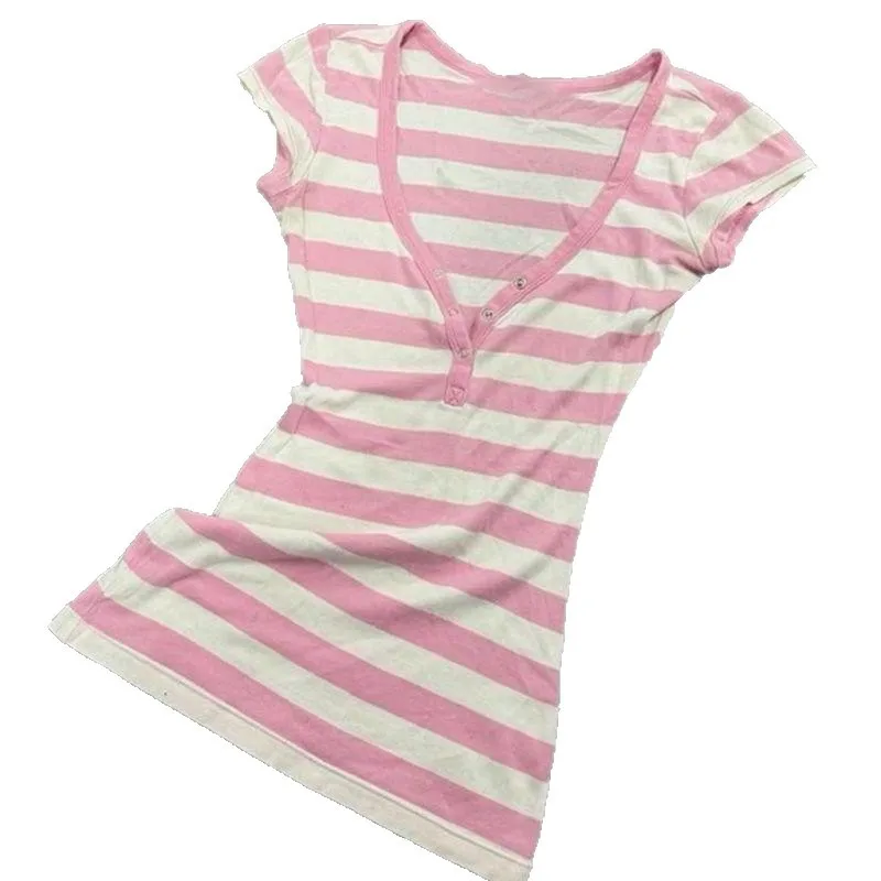 Euramerican Sweet V Neck Short Sleeve Girl T Shirts Y2k All Match Constrast Color Striped Slim Commuter Tops Harajuku Punk Tees 2