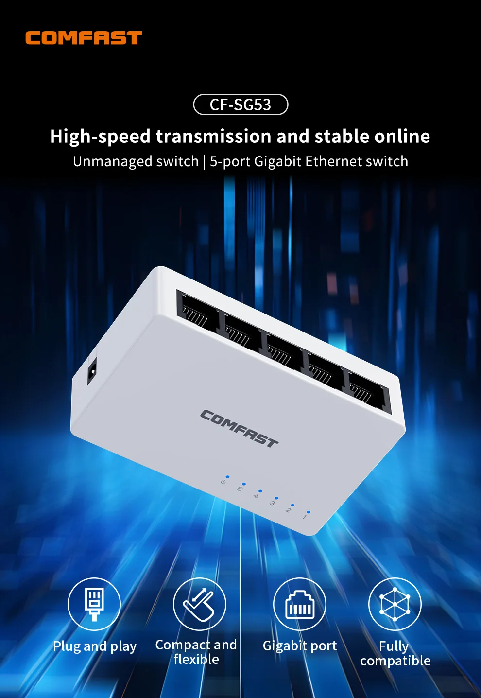 COMFAST 휴대용 플러그 앤 플레이 스위치, 5 포트 기가비트 이더넷 스위치, 2K 자동 MDI/MDIX, 1000Mbps 고속 변속기, IEEE 802.3x