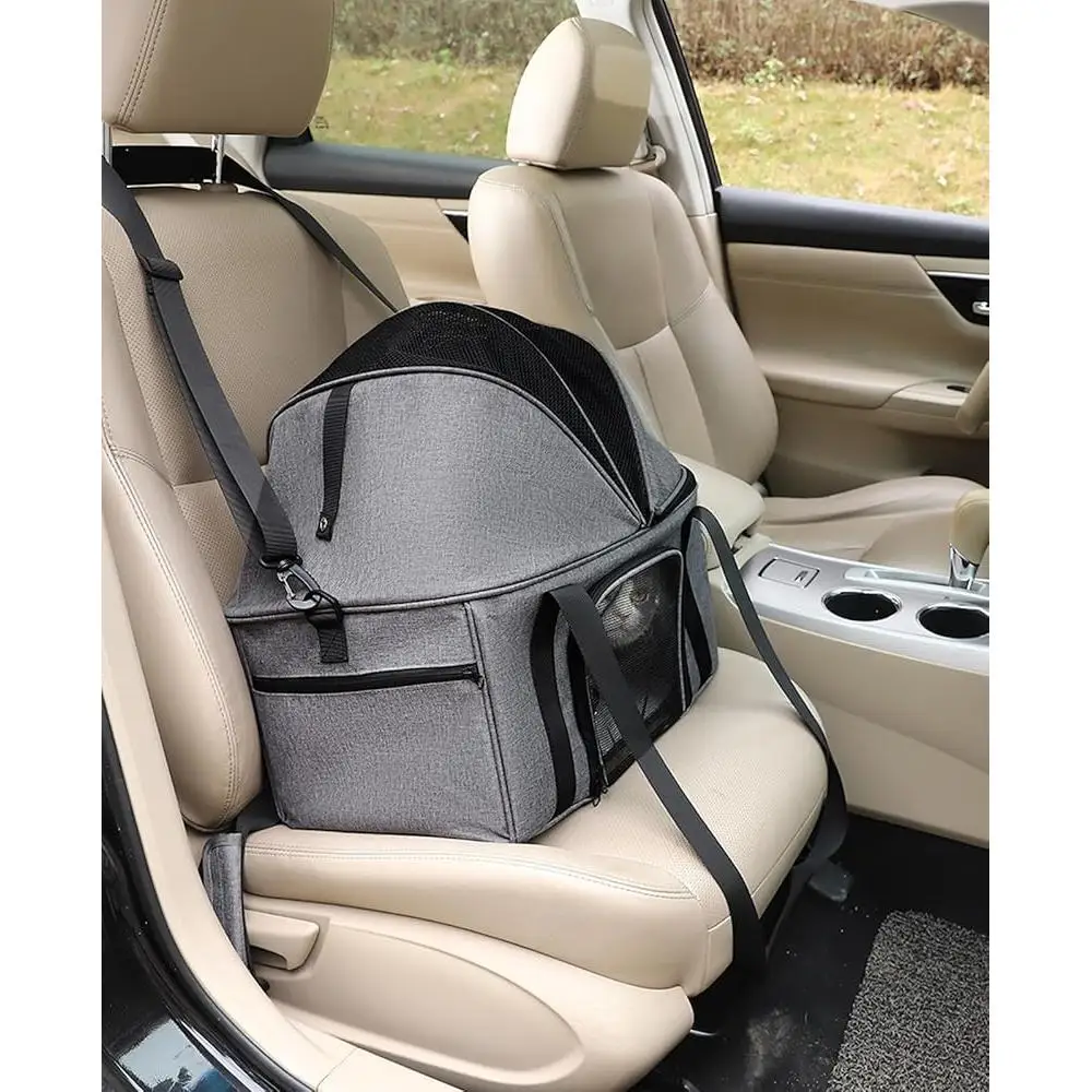 Soft Sided Cat Carrier Large Pet Bag Travel Seat with Semi-open Canopy Washable Cushion Collapsible Design Safety Features
