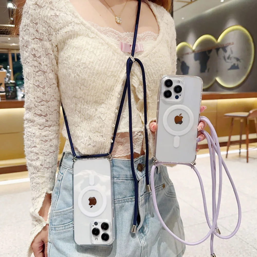

Crossbody Necklace Lanyard Phone Case For iPhone 15 14 13 12 11 Pro Max X XS Max For Magsafe Magnetic Transparent Back Cover