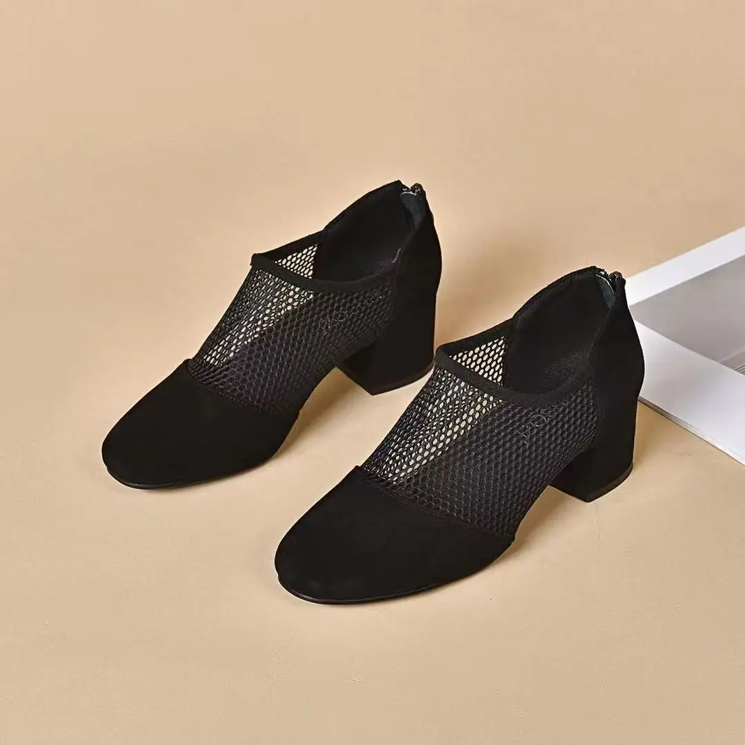 Damen Chunky Heels Stiefeletten für den Sommer 2026 – Mesh-Hohlmuster, Wildlederimitat, kurze Stiefeletten, Übergrößen, spitze Zehenpartie, Sandalen – Detail 7