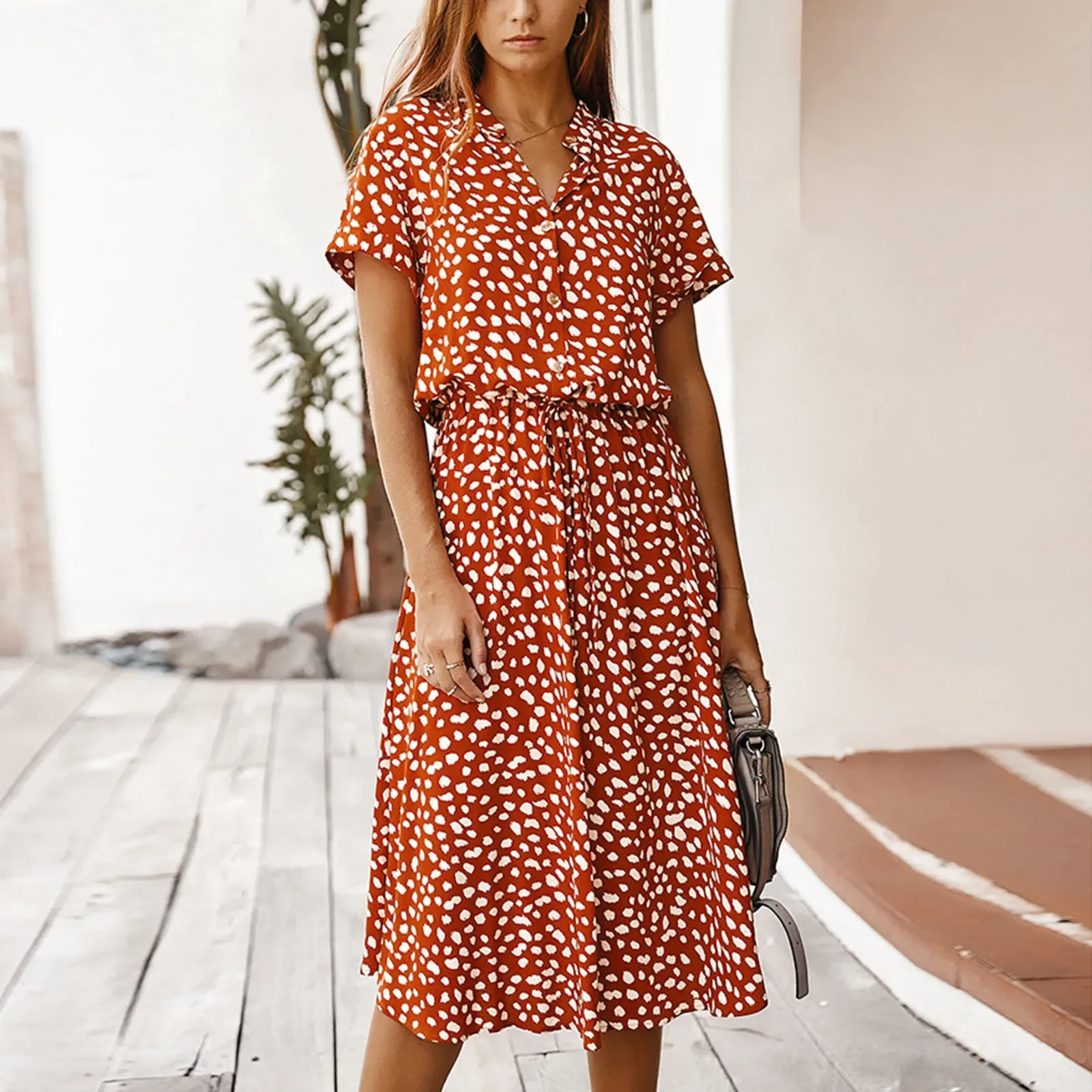 

Summer Dresses Women Summer Polka Dot Printing Dresses With Buttons Short Sleeves Drawstring High Waist Dress Vestidos 2023