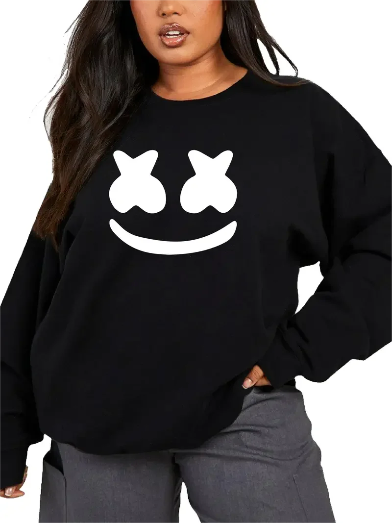 Smiling Face Pattern Crew Neck Sweatshirt, Long Sleeve Simple Versatile Pullover Top, Women's Sporty Sweatshirts