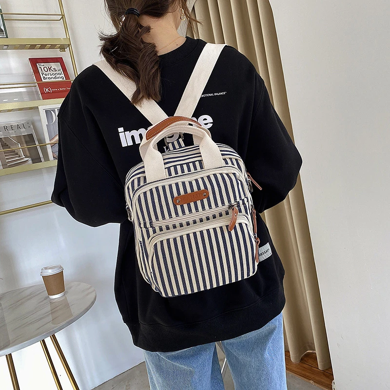 MANJIANGHONG Striped Pattern Women Canvas Bag Vertical Fashion Striped Lady Handbag Canvas Female Shoulder Casual Messenger Bags