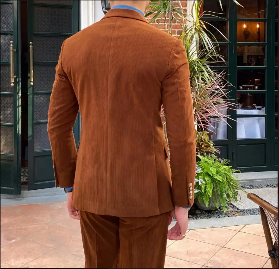 Classic Corduroy Men‘s Wedding Suit Peak Lapel Solid Color Groom Wear Double Breasted Tuxedos 2 Pieces  Jacket Pants Custom Made