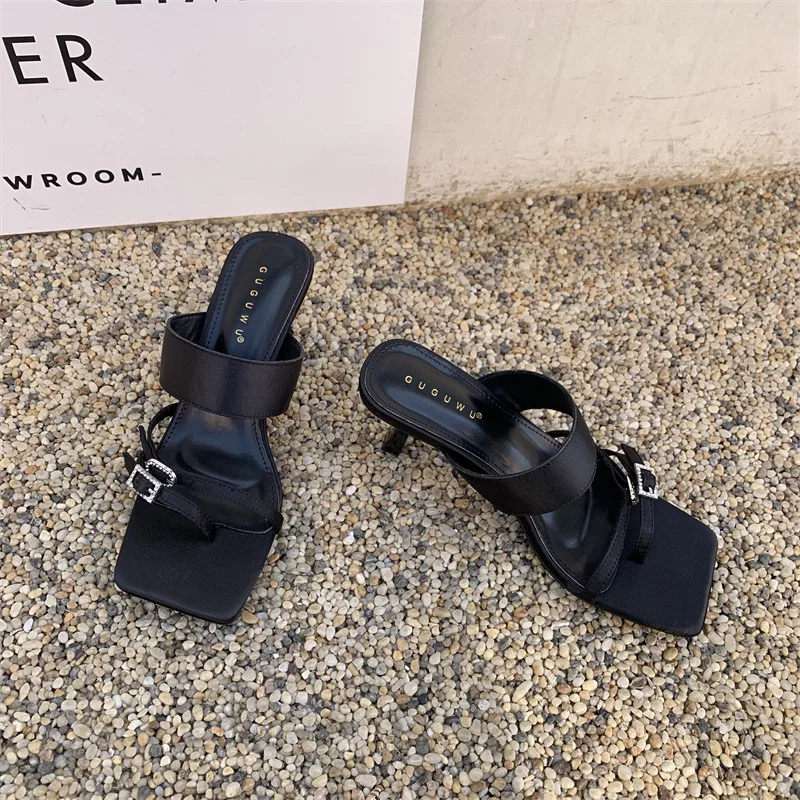 2023 New Rhinestone Transparent Chevron, Square Toe, Thin Heel, High Heeled Sandals, Women's Summer Wear