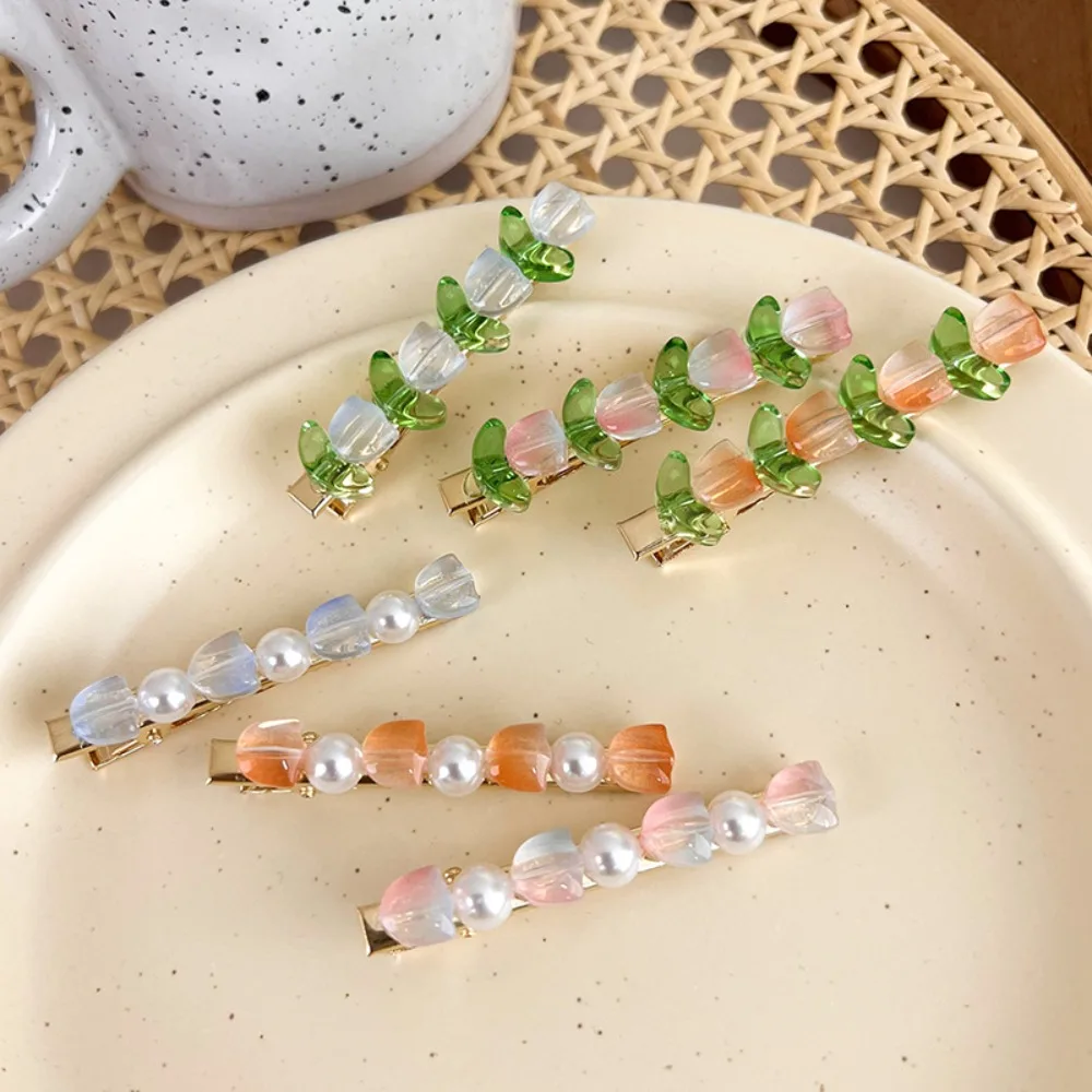 

Fresh Gradient Colors Creative Plants And Flowers Resin Tulip Hairpins Side Clip Korean Style Barrettes Pearl Hair Clip