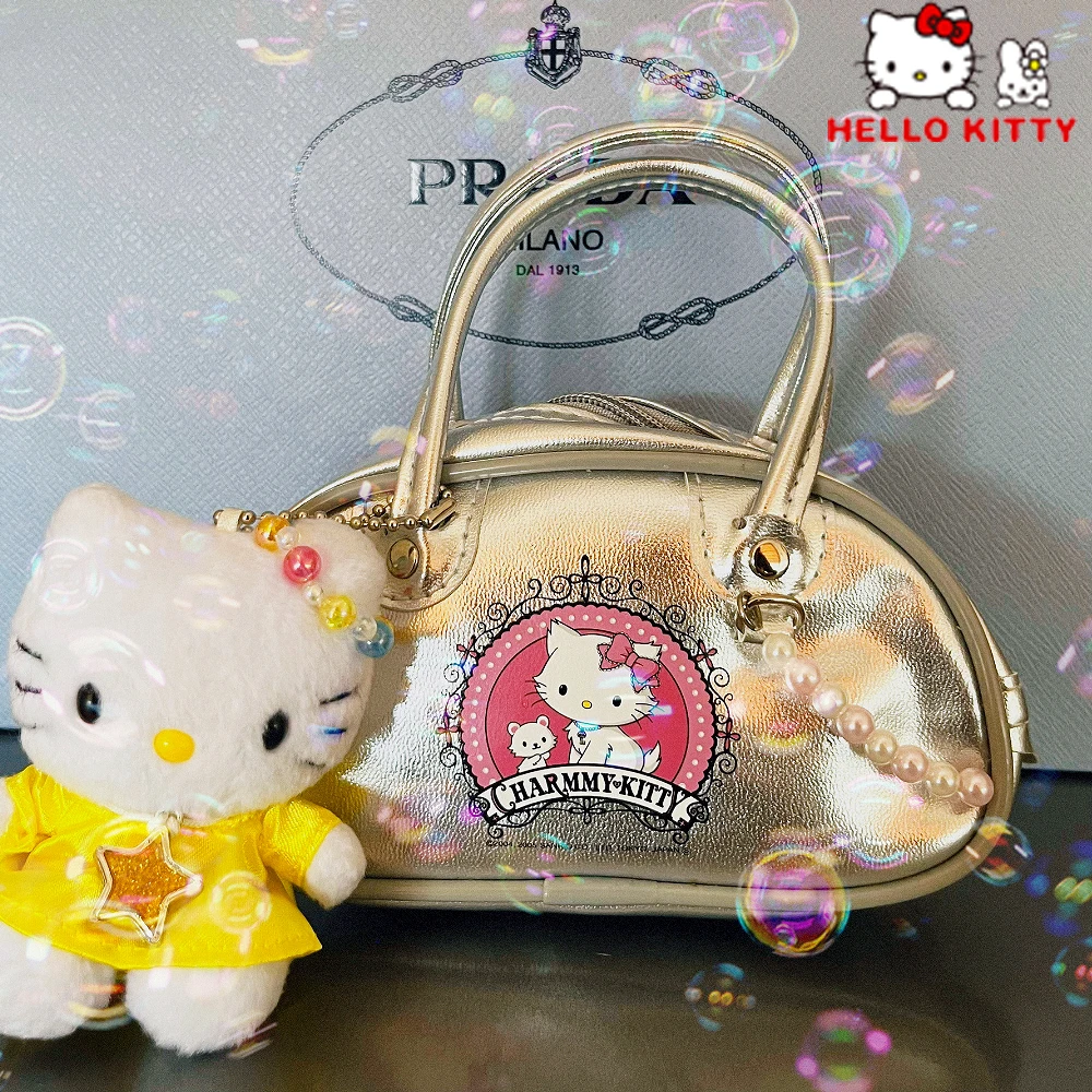 

Kawaii Hello Kitty Bag Cute Cartoon Sanrio Handbag Women's Silvery Fashion Packet Anime KT Cat Underarm Purse Girl Gift New