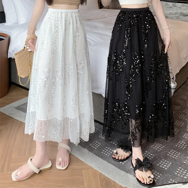 

Heavy Industry Sequin Maxi Skirt Women Summer Vintage Elastic High-waisted Long Skirt Female Luxury A-line Black Faldas Mujer