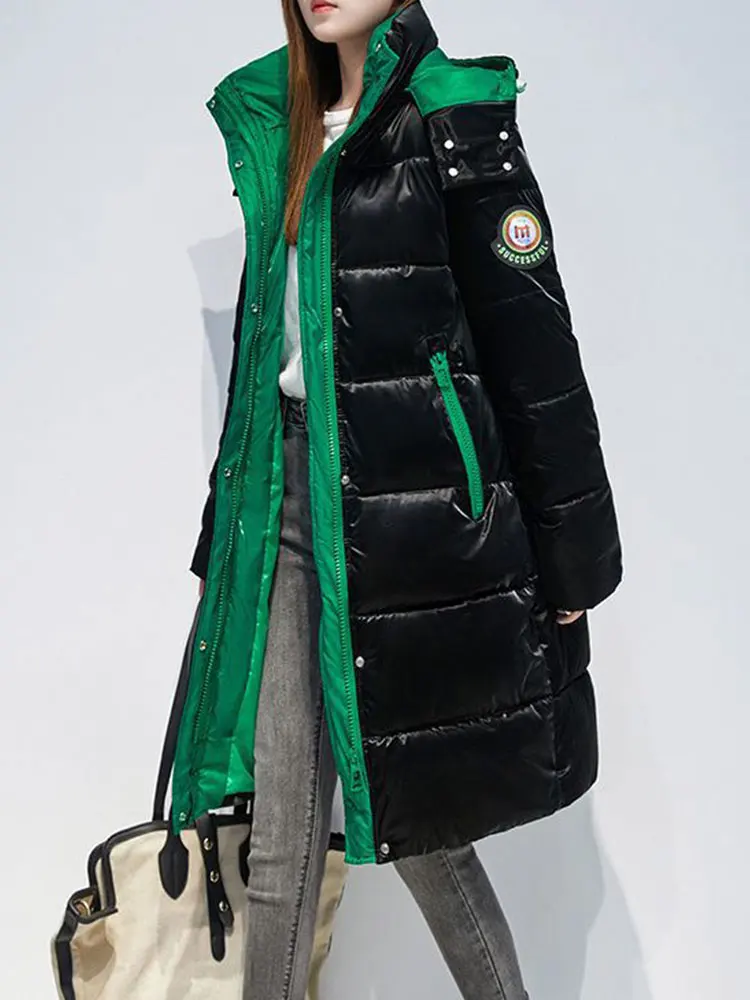 

Зимняя женская куртка, повседневные свободные парки контрастных цветов с разрезом сбоку, плотное Стеганое пальто, Длинная Верхняя одежда с капюшоном