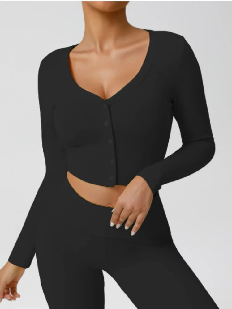 새로운 스레드 V넥 요가 셔츠 여성 단색 긴팔 버튼 스포츠 가디건 아우터 슬림핏 운동 러닝 티셔츠 탑